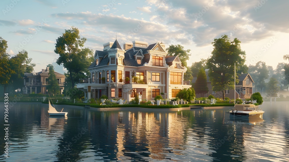 notion of wealth disparity with a luxurious mansion and a modest house side by side, showcased in full ultra HD high resolution against a serene background.