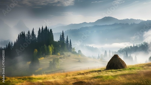 Fototapeta Naklejka Na Ścianę i Meble -  Amazing mountain landscape with fog and a haystack