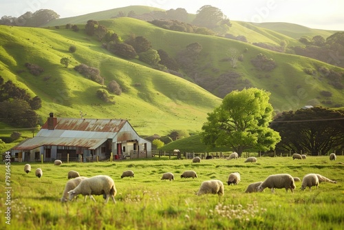 The countryside has rolling hills, grazing sheep and rustic farmhouses. photo