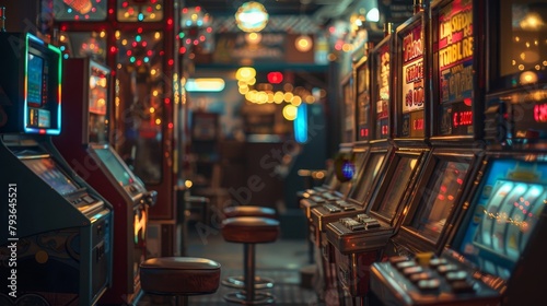 Slot Machine Vintage: A photo showcasing a row of vintage slot machines in a retro casino setting