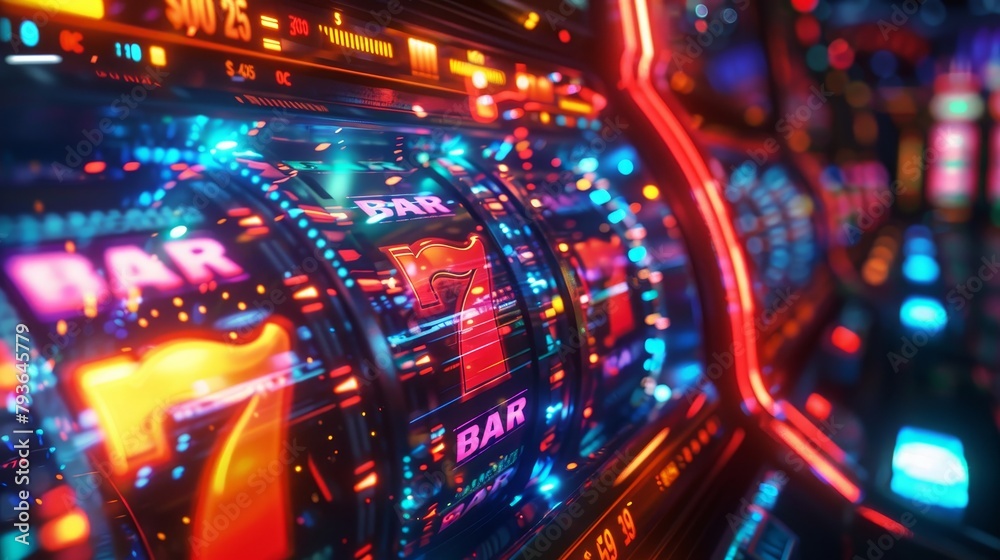 Slot Machines Close-ups: An image showcasing the digital display of a slot machine, with bright, colorful graphics and animations Slot Machines Close-ups: An image showcasing the digital display of a slot machine, with bright, colorful graphics and animations
