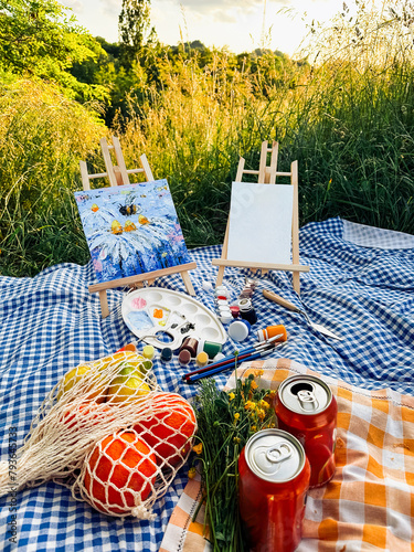 Engaging in artistic pursuits during a picnic in the park. © phpetrunina14