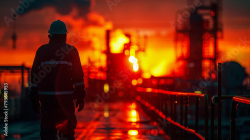 Dramatic silhouette of oilfield worker, industry setting, clear view photo