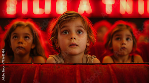 Enthralled kids at a theater, clean background, space above heads for text, photo