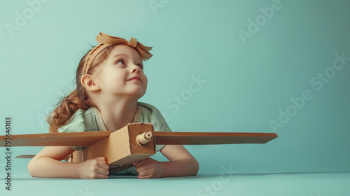 Girl imagines flying, cardboard plane, minimalist mint background,