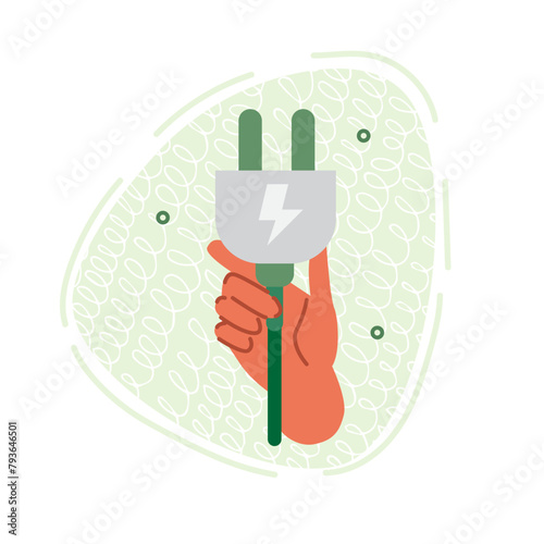 Vector flat illustration of a hand with a plug for charging electrical appliances. Caring for the environment and producing and using clean energy.