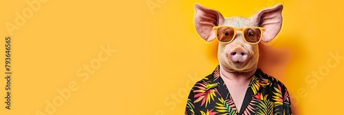 Trendy pig with chic orange sunglasses and vibrant hawaiian shirt, a stylish and fun image photo