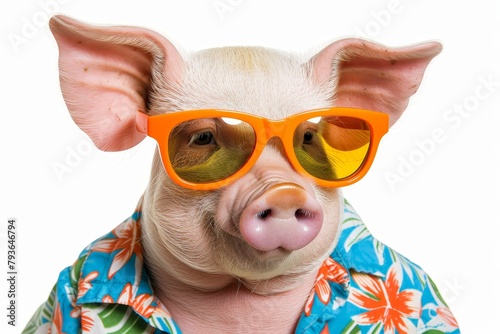 Fashionable pig in orange sunglasses and colorful hawaiian shirt exudes style and fun photo