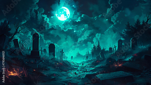Nighttime graveyard, eerie glowing tombstones, vast copy space, background spotless, mysterious