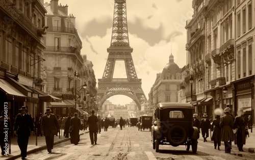 1920s Parisian Street Bustle with Distant Eiffel Tower in Sepia - Historical French Streets, Retro Urban Photography, Cultural Exploration - Art History, Tourism