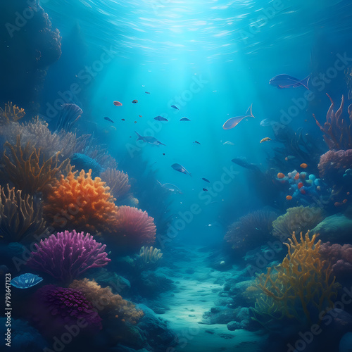 a dreamlike underwater world teeming with iridescent sea creatures and coral reefs