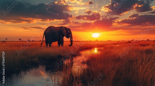 An elephant silhouetted against a beautiful sunset in its natural environment, Ai Generated © Crazy Juke