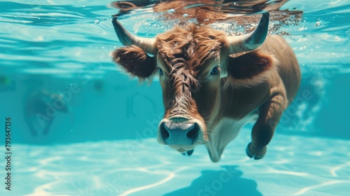 Hilarious underwater scene ox in pool plays deep dive action, Ai Generated. © Crazy Juke