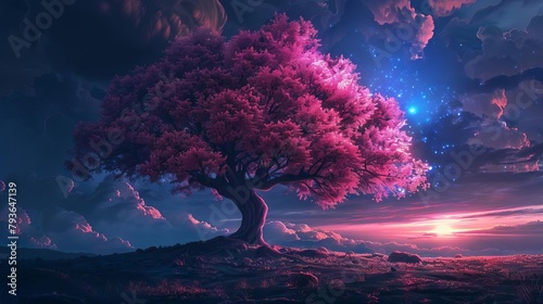 Serene pink-blue tree of desires, fantasy setting, digital illustration, photo