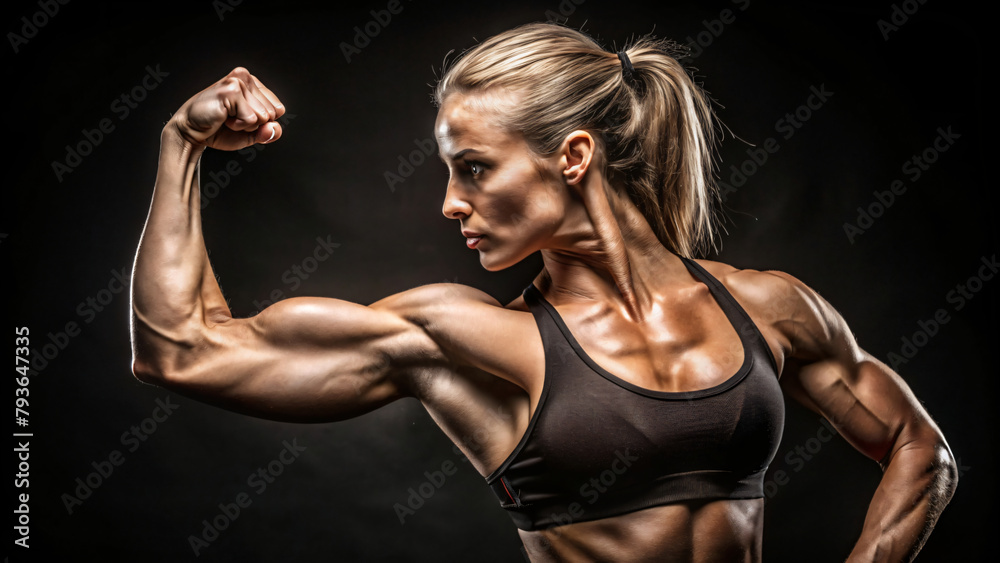 Obraz premium A muscular woman flexing her arm to show off his biceps