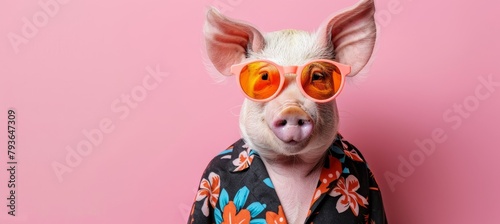 Fashionable pig in vibrant attire with orange sunglasses and colorful hawaiian shirt photo