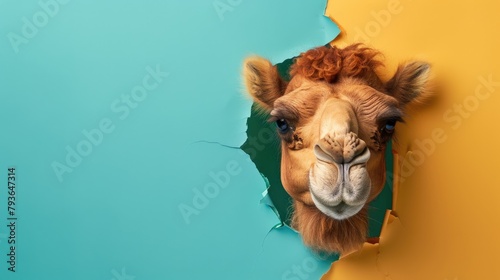 A humorous camel peers through a ripped hole in a contrast pastel color paper background, Ai Generated photo