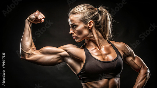 A muscular woman flexing her arm to show off his biceps