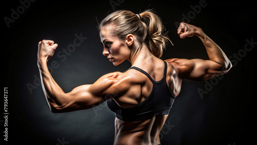 A muscular woman flexing her arm to show off his biceps