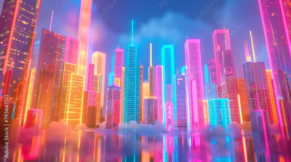 Bright neon cityscapes evoking a sense of excitement and wonder against a minimalist white backdrop