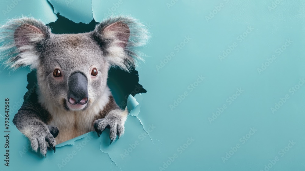 Fototapeta premium A humorous koala peers through a ripped hole in a contrast pastel color paper background, Ai Generated