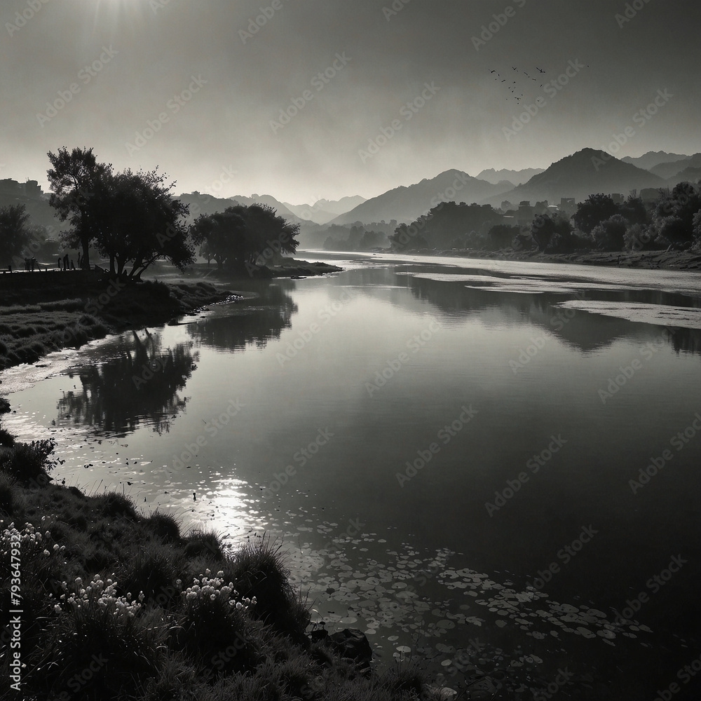 Fototapeta premium Serene River Landscape with Misty Mountains in Black and White