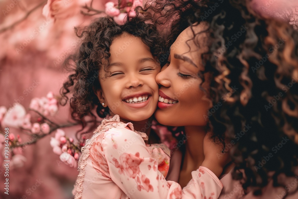 Joyful Moment of Motherly Love in a Blossom Garden, Warm Embrace Between Mother and Daughter Joyful Moment of Motherly Love in a Blossom Garden, Warm Embrace Between Mother and Daughter