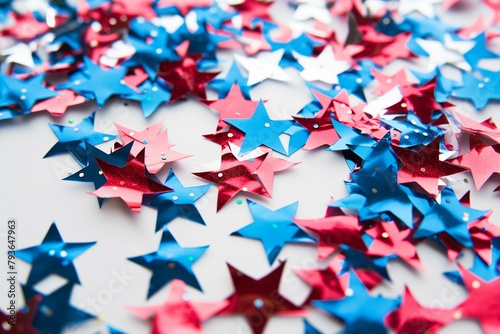 Red  White  and Blue Foil Stars Scattered Festively Against a White Background