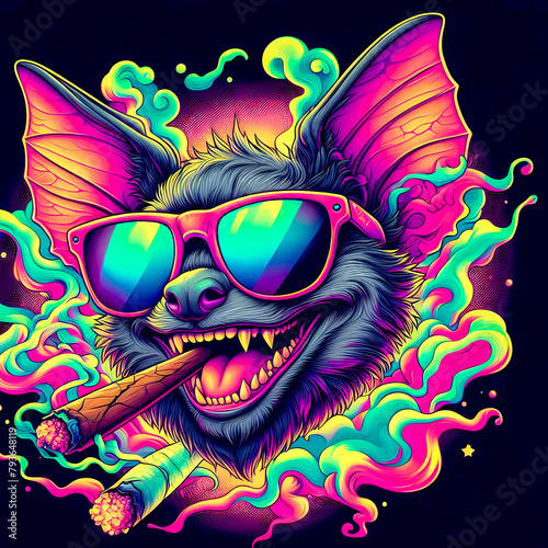 Digital art of a psychedelic cool bat smiling smoking a blunt