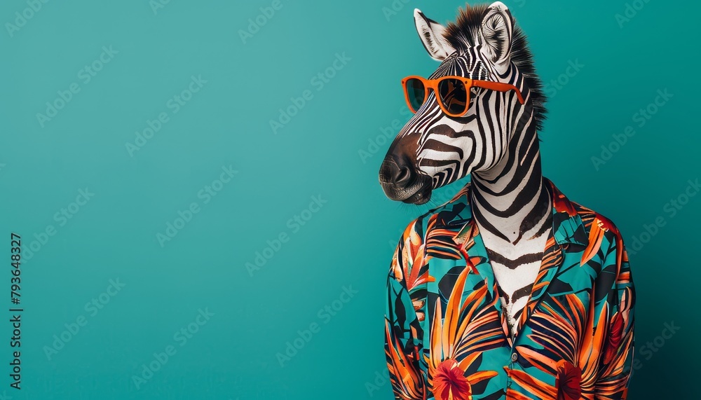 Naklejka premium Zebra in trendy orange sunglasses and colorful hawaiian shirt for a chic and stylish look
