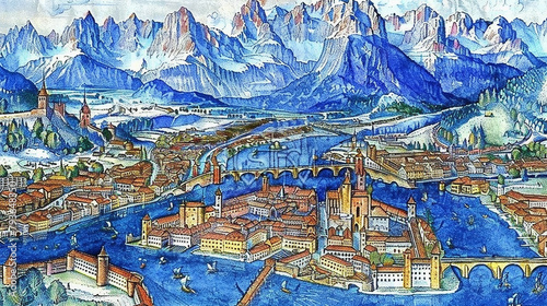 A painting of a city with a river running through it. The city is full of buildings and boats