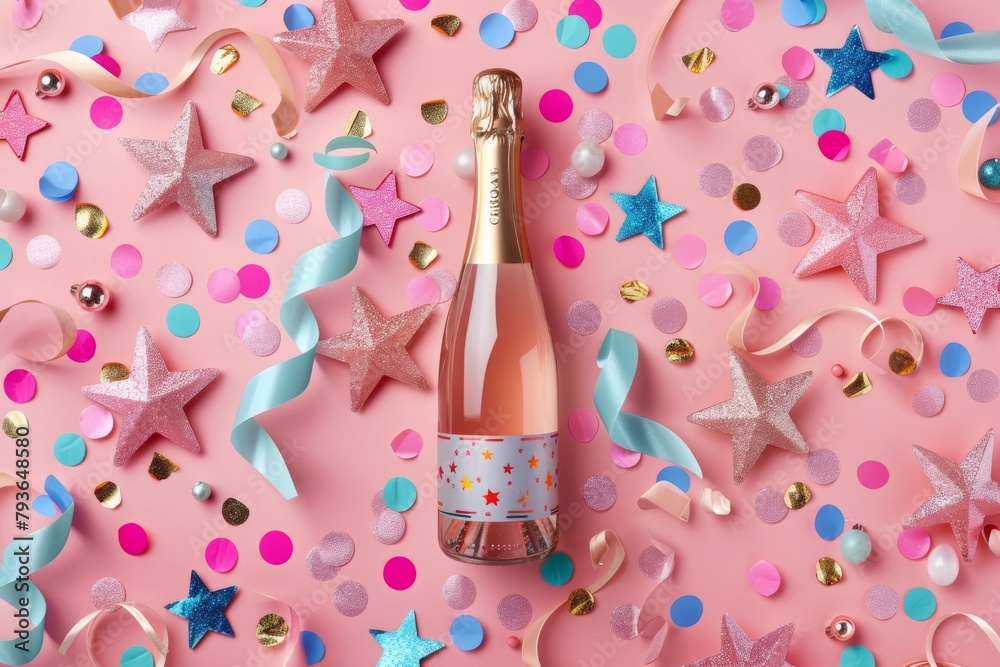 Champagne bottle with glittering confetti stars. A celebratory cava bottle surrounded by ribbons, and baubles on a color background, depicting festivity and luxury. Great design for postcard, banners