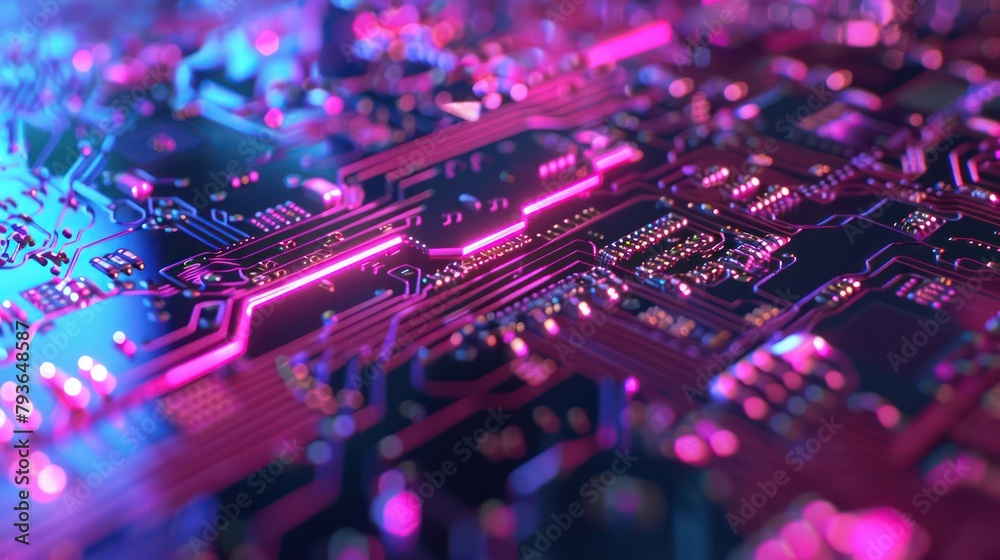 close-up of the inside of a computer microchip circuit in neon colors
