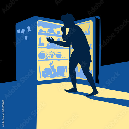 Man eating from the refrigerator at night. Vector illustration stylized in 5 color cool tones. The theme of men's health diets and overeating at night.