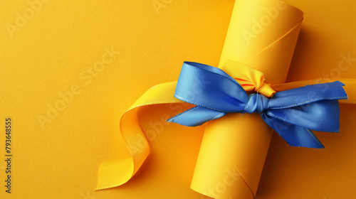 A yellow and blue ribbon is tied around a roll of paper. The ribbon is tied in a bow and is placed on top of a yellow background