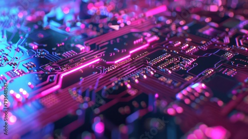 close-up of the inside of a computer microchip circuit in neon colors