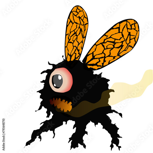 A small black monster character with his mouth open flies and blows smoke from his mouth as he is a lava bee spitting lava when angry. Vector illustration For insert mini monster banner transparent