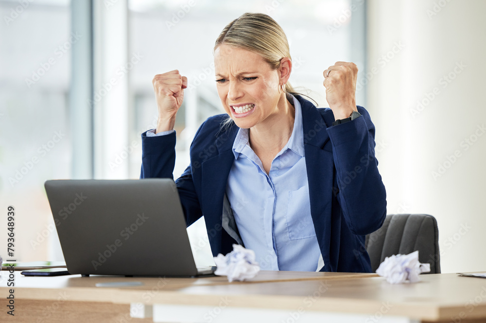 Angry, woman and laptop in office with frustrated accountant with audit problem and issue. Stress, accounting report and work mistake with technology and fist from anxiety of employee at desk Angry, woman and laptop in office with frustrated accountant with audit problem and issue. Stress, accounting report and work mistake with technology and fist from anxiety of employee at desk