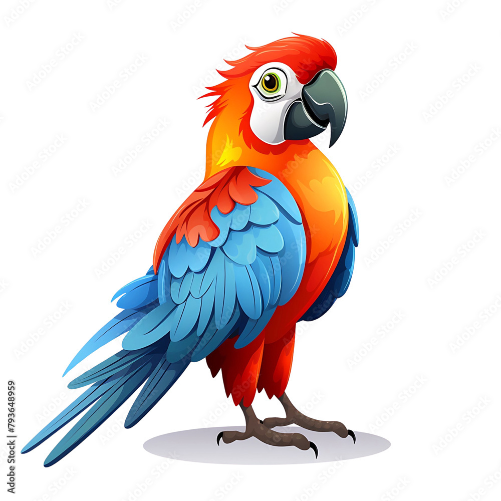 Colorful cartoon parrot with vivid red, yellow, and blue plumage, perched and looking curiously, isolated on white. Generative AI