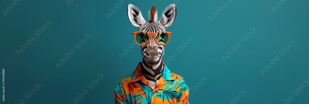 Fototapeta premium Stylish zebra dons orange sunglasses and vibrant hawaiian shirt for a fashionable appearance