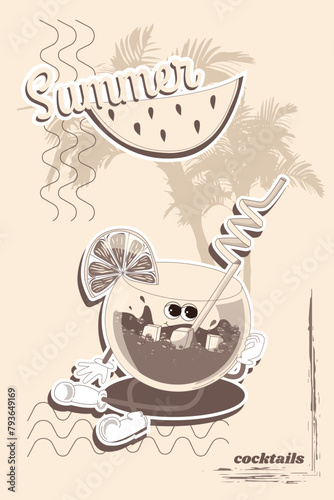 A retro poster or postcard for a summer cafe with a funny comic book character walking around. A character from the 60s and 70s in a modern groovy style. A mascot for bars and restaurants.