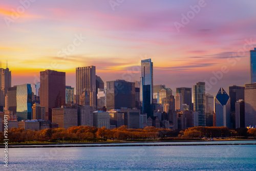 Chicago, Illinois, USA downtown city skyline on Lake Michigan at dawn.