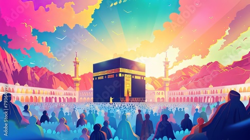 Colorful banner design celebrating the blessings of Eid al-Adha with a symbolic illustration of the Kaaba and pilgrims performing Hajj