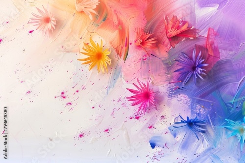 A colorful painting of flowers with a white background. The painting is full of bright colors and has a cheerful, lively mood