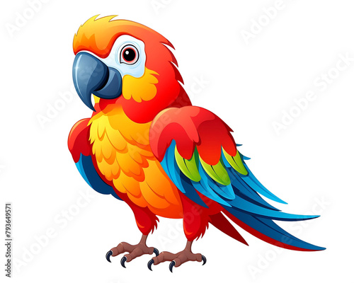 Colorful cartoon parrot with vivid red, yellow, and blue plumage, perched and looking curiously, isolated on white. Generative AI © Anasvectorpng