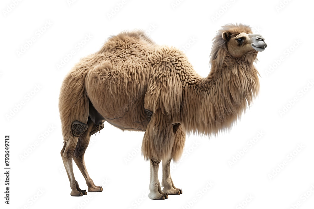 Fototapeta premium Iconic Portrayal of Bactrian Camel Standing Against White Background