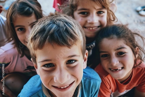 Group of happy smiling children at school, shallow depth of field. © Iigo