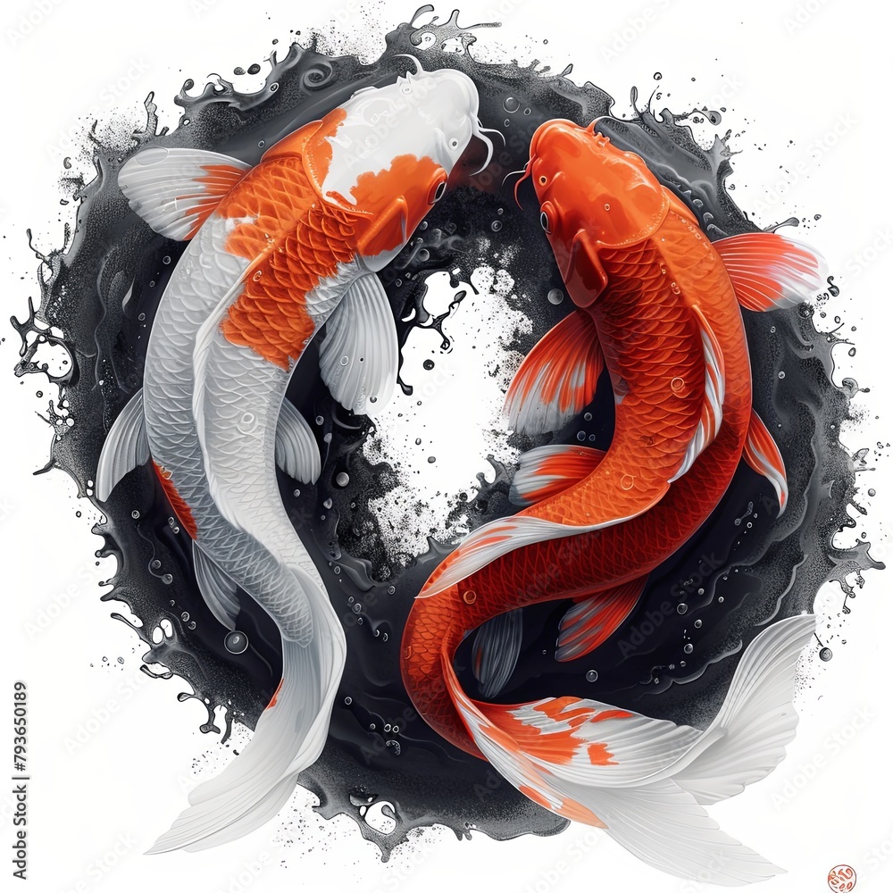 Obraz premium Crimson Tide and Silver Moon The Elemental Koi Embrace