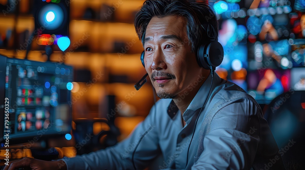 Portrait of radio host operating sound mixer on table at studio. broadcasting concept