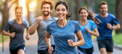 Group of friends in athletic wear joyfully running in urban area under sunset sky
